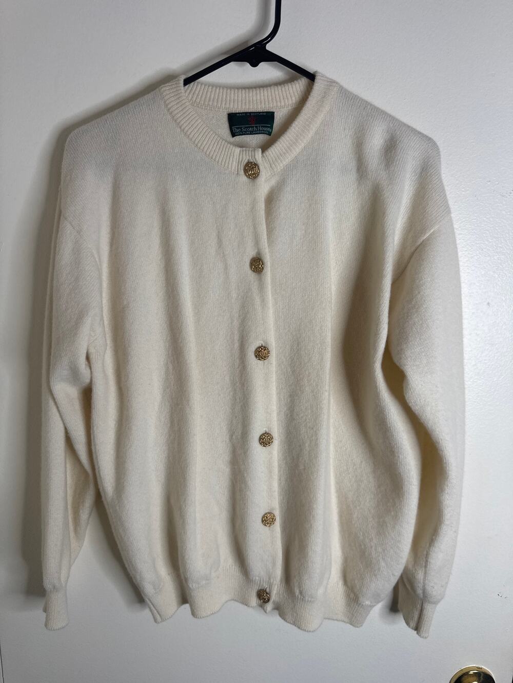 Vintage The Scotch House Lambswool Cardigan Cream Gold Buttons Scotland M/L